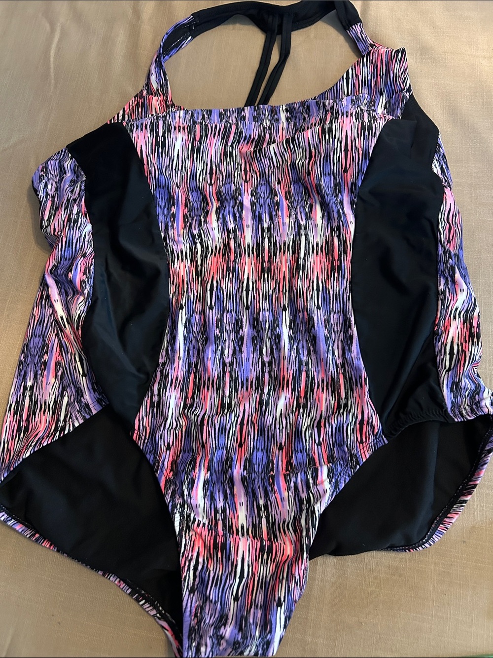 EUC Catalina Purple & Pink Abstract One-Piece Swimsuit with Black Panels